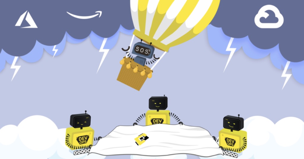 Робот в воздушном шаре терпит крушение из-за грозы. Под ним три робота НИКСИС | NIXYS держат тент.